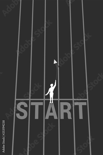 silhouette of businessman throw out origami paper airplane from start line on running track. Business Concept of start business and entrepreneur