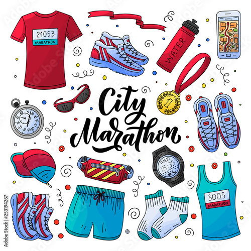 Marathon running clothing, gear and accessories essential kit. Vector doodle style illustration.