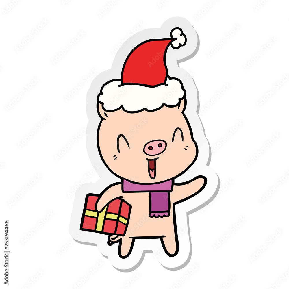 happy sticker cartoon of a pig with xmas present wearing santa hat happy sticker cartoon of a pig with xmas present wearing santa hat