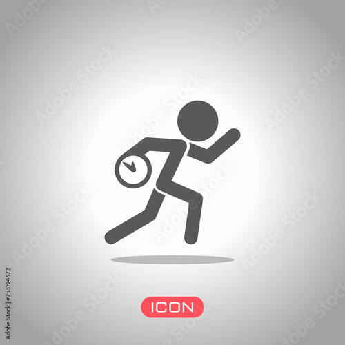 Running man with clock. Simple icon. To be late. An unpleasant situation. Icon under spotlight. Gray background