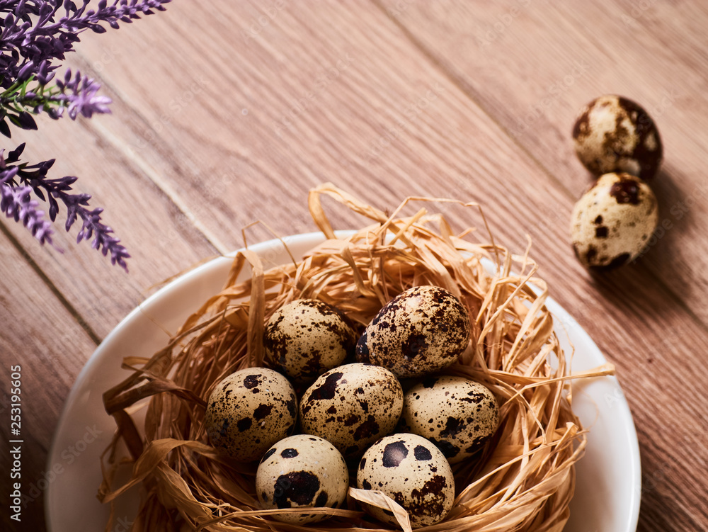 Obraz premium Easter composition with eggs on wooden background, space for text