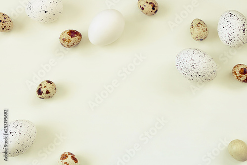 Easter. Easter eggs on a light background. Selective focus, toning, blur.