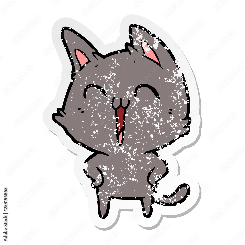 distressed sticker of a happy cartoon cat meowing distressed sticker of a happy cartoon cat meowing