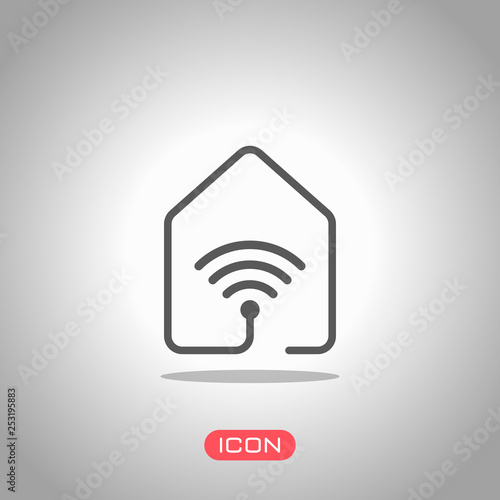 house with wifi icon. line style. Icon under spotlight. Gray background