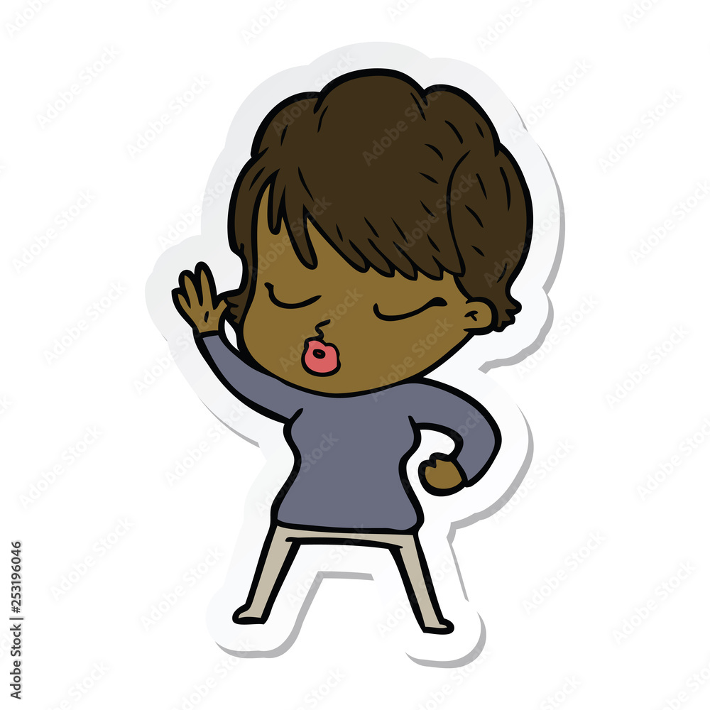 sticker of a cartoon woman with eyes shut