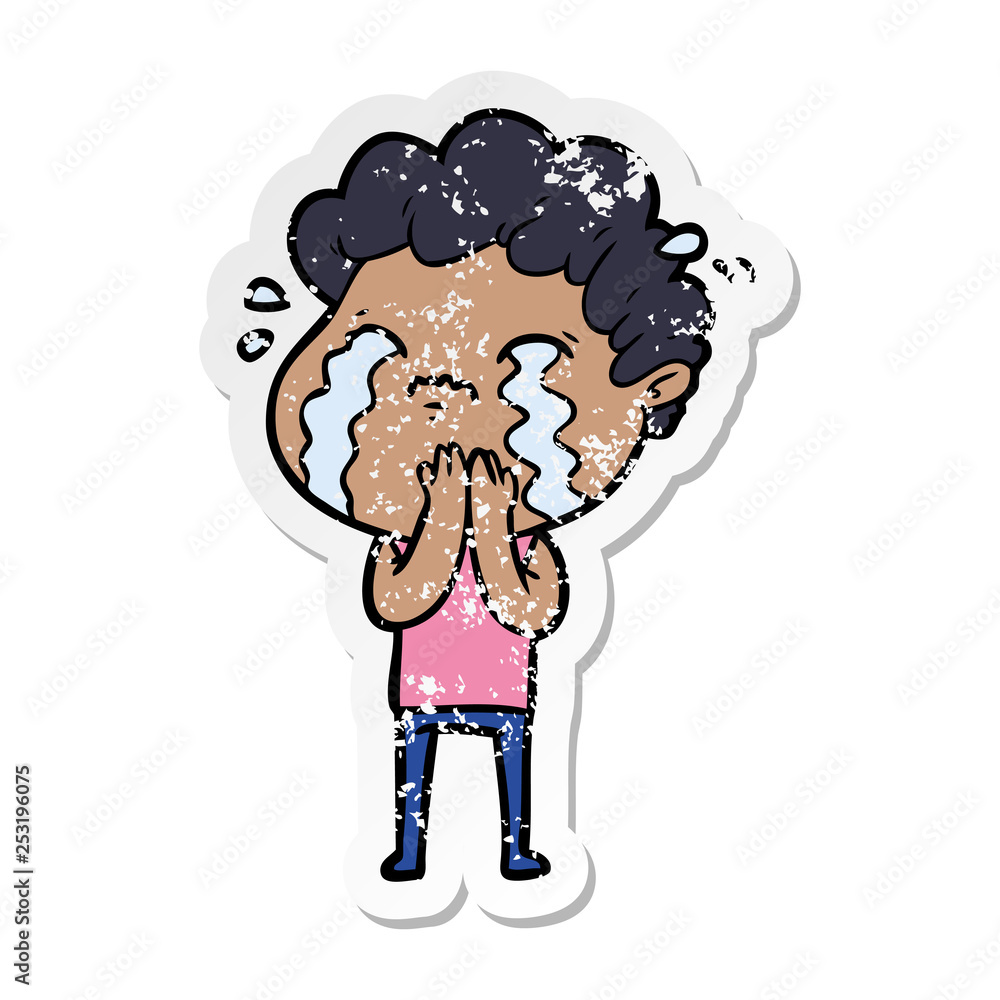 distressed sticker of a cartoon man crying distressed sticker of a cartoon man crying