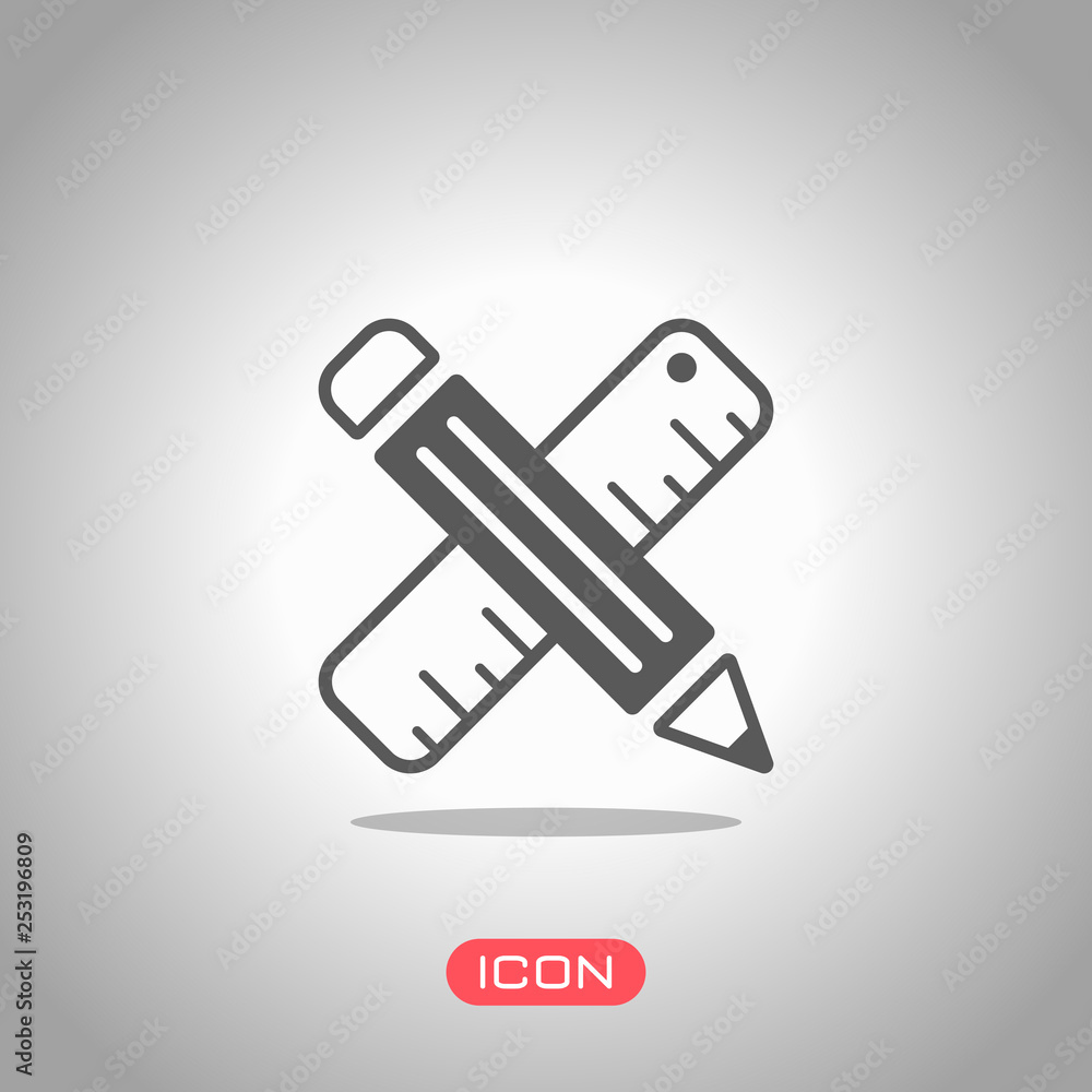 simple symbol of ruler and pencil, criss-cross. Icon under spotlight. Gray background simple symbol of ruler and pencil, criss-cross. Icon under spotlight. Gray background