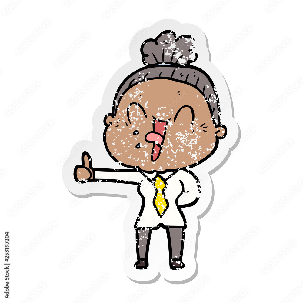 distressed sticker of a cartoon happy old woman distressed sticker of a cartoon happy old woman