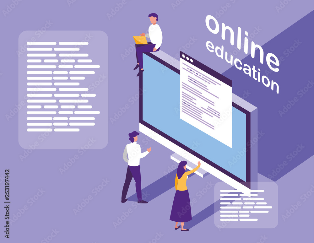 online education with desktop and mini people online education with desktop and mini people