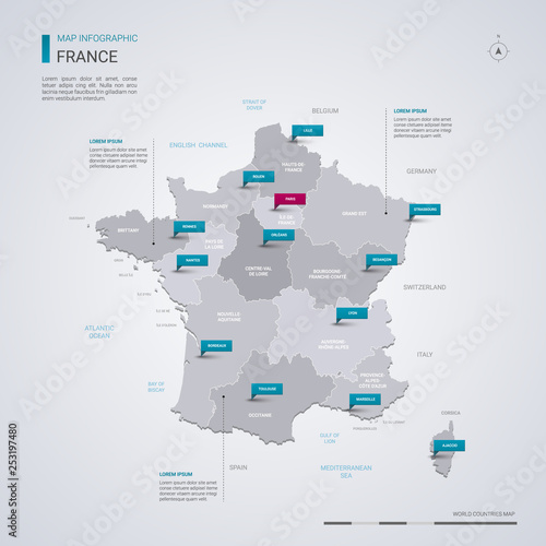 France vector map with infographic elements, pointer marks.