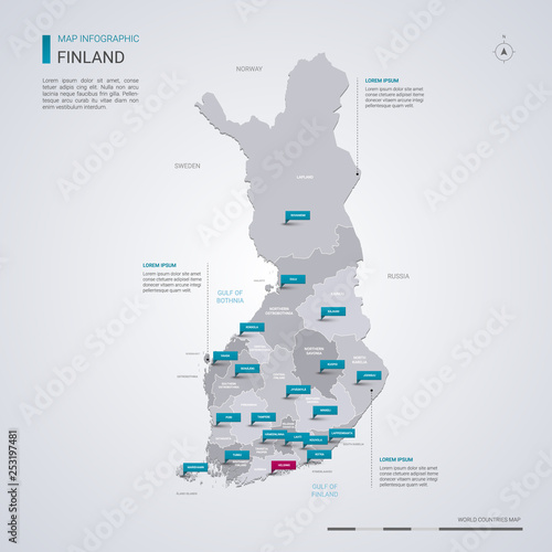 Finland vector map with infographic elements, pointer marks.