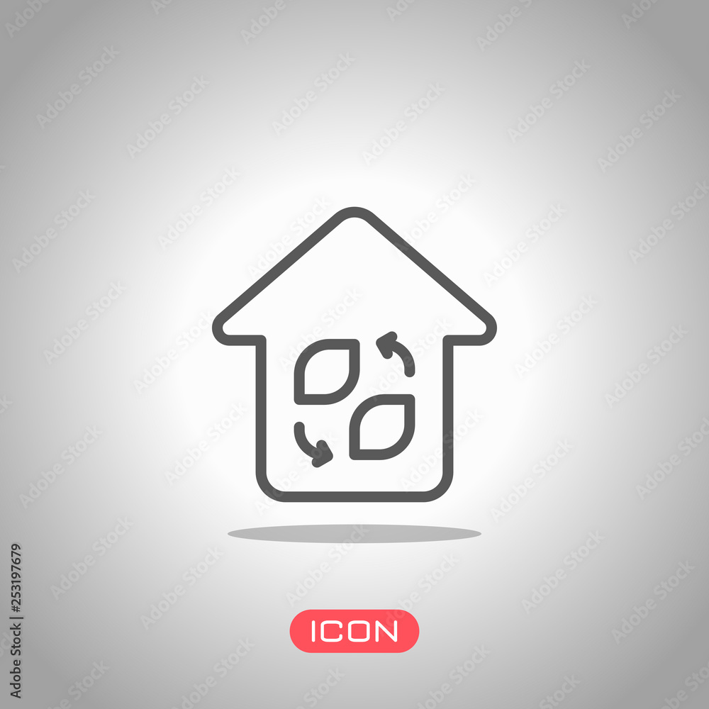 Eco house. Concept logo. Simple linear icon with thin outline. Icon under spotlight. Gray background Eco house. Concept logo. Simple linear icon with thin outline. Icon under spotlight. Gray background