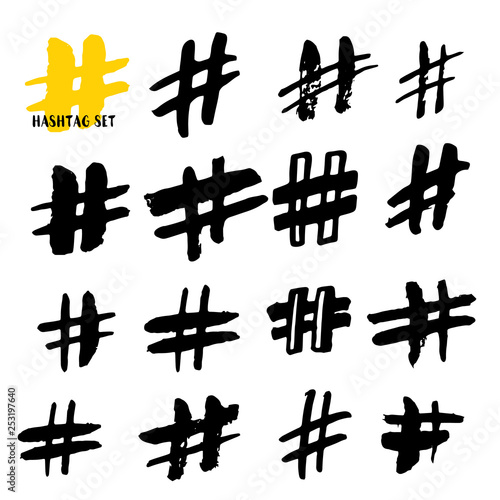 Hand drawn hashtag set isolated on white background. Trendy grunge communication sign for logo, blog