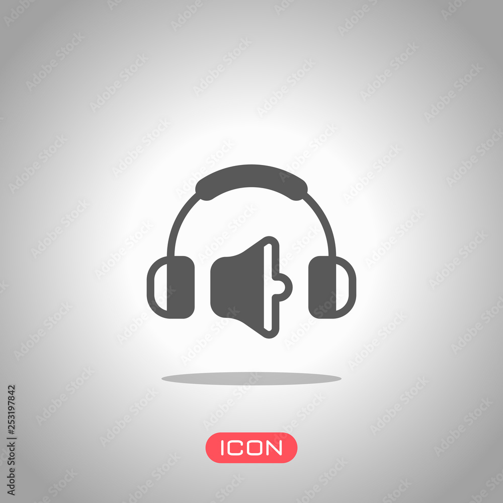 Headphones and volume level. Medium volume level. Simple icon. Icon under spotlight. Gray background Headphones and volume level. Medium volume level. Simple icon. Icon under spotlight. Gray background