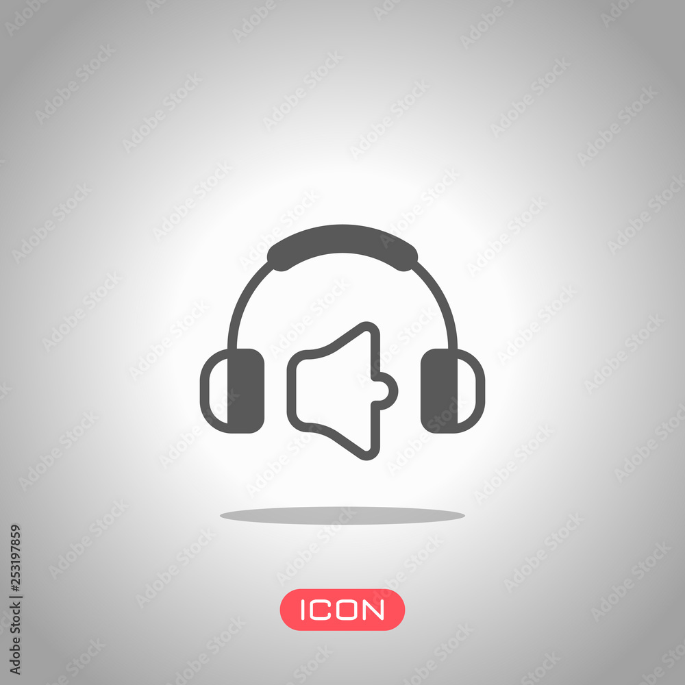 Headphones and volume level. Mute volume level. Simple icon. Icon under spotlight. Gray background Headphones and volume level. Mute volume level. Simple icon. Icon under spotlight. Gray background