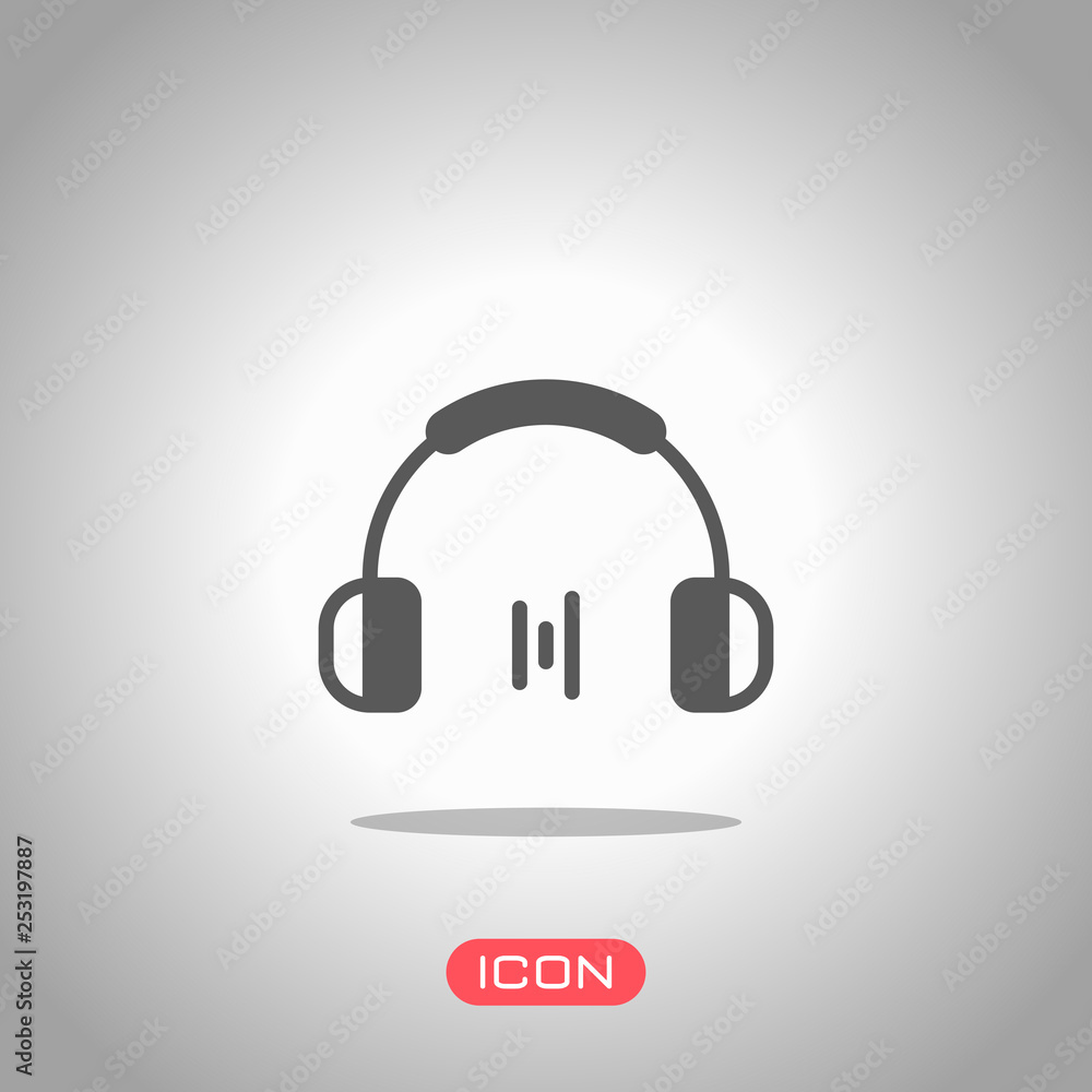 Headphones and music wave. Min volume level. Simple icon. Icon under spotlight. Gray background Headphones and music wave. Min volume level. Simple icon. Icon under spotlight. Gray background