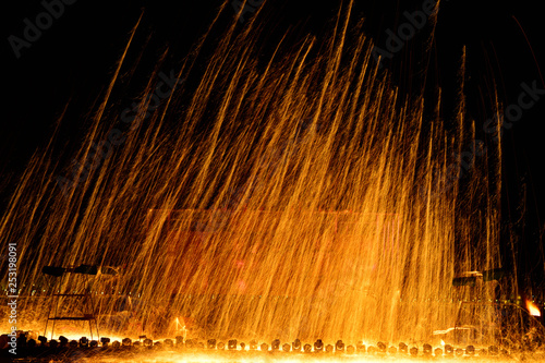 Molten steel in the high temperature melt splashing sparks