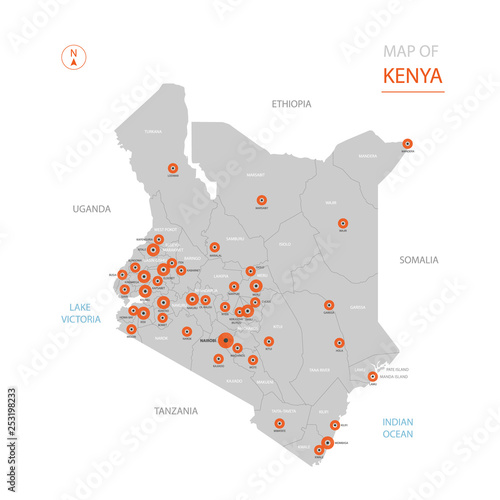 Stylized vector Kenya map showing big cities, capital Nairobi, administrative divisions.