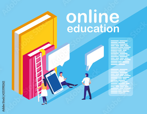 online education mini people with smartphone and ebooks
