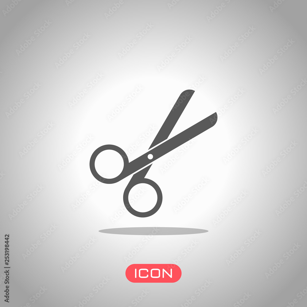 Scissors icon. Tool of barber. Icon under spotlight. Gray background Scissors icon. Tool of barber. Icon under spotlight. Gray background