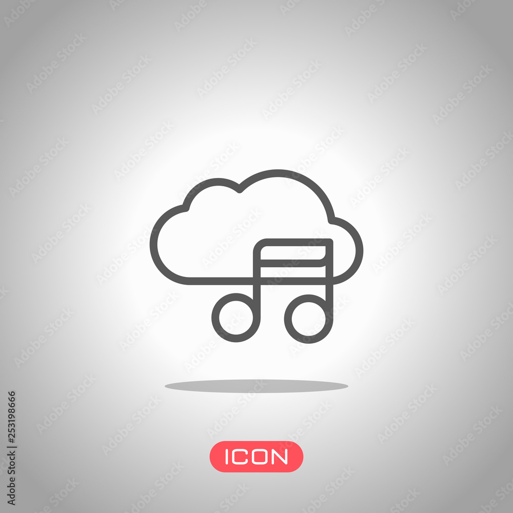 Simple icon with cloud and musical note. Linear symbol, thin outline. Icon under spotlight. Gray background Simple icon with cloud and musical note. Linear symbol, thin outline. Icon under spotlight. Gray background