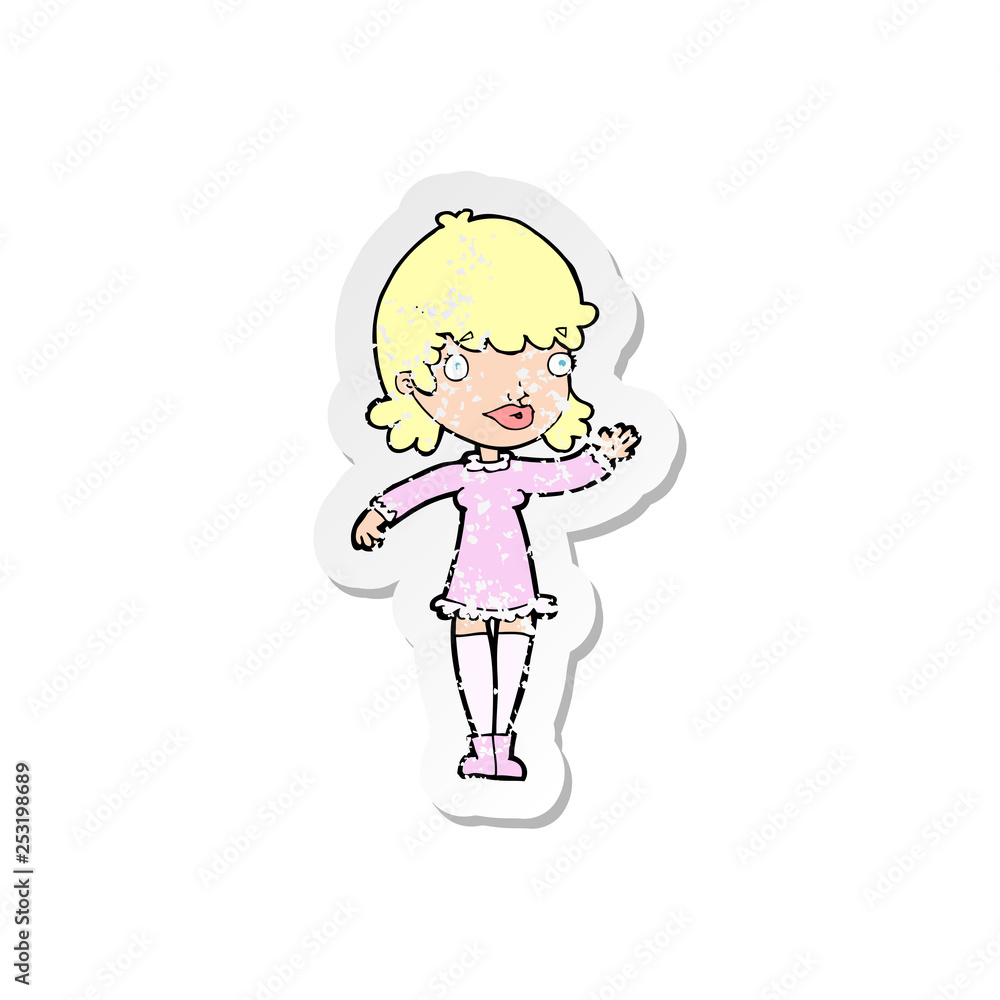 retro distressed sticker of a cartoon woman waving retro distressed sticker of a cartoon woman waving