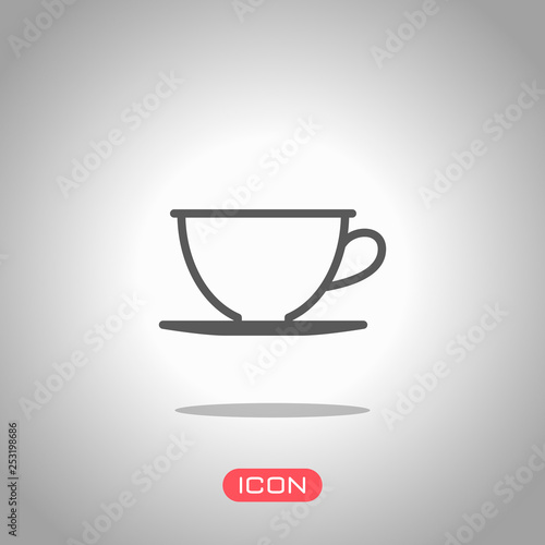 Simple cup of coffee or tea. Linear icon  thin outline. Icon under spotlight. Gray background