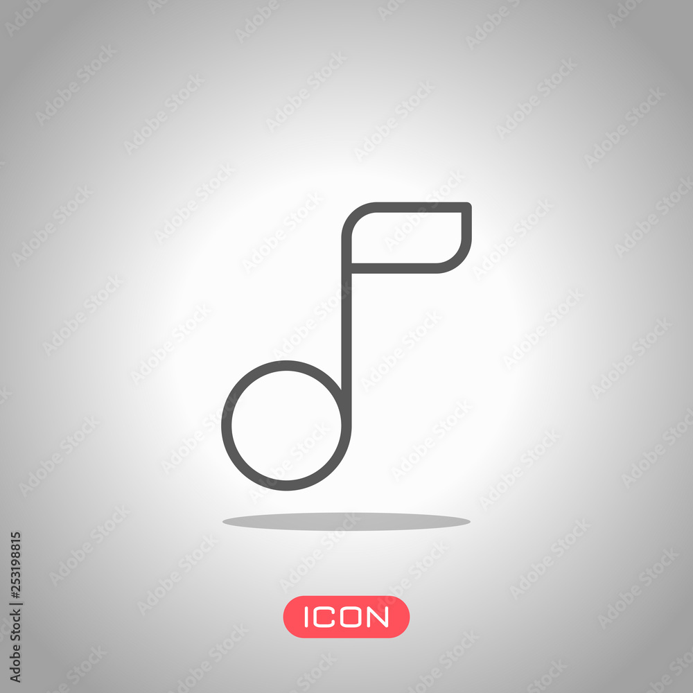 Simple music note. Linear icon, thin outline. Icon under spotlight. Gray background Simple music note. Linear icon, thin outline. Icon under spotlight. Gray background