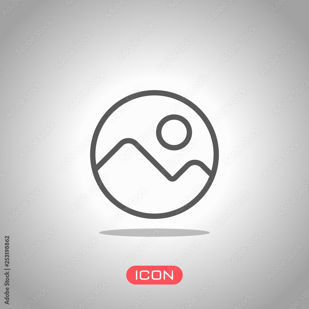 Simple picture icon. Linear symbol, thin outline. Icon under spotlight. Gray background Simple picture icon. Linear symbol, thin outline. Icon under spotlight. Gray background