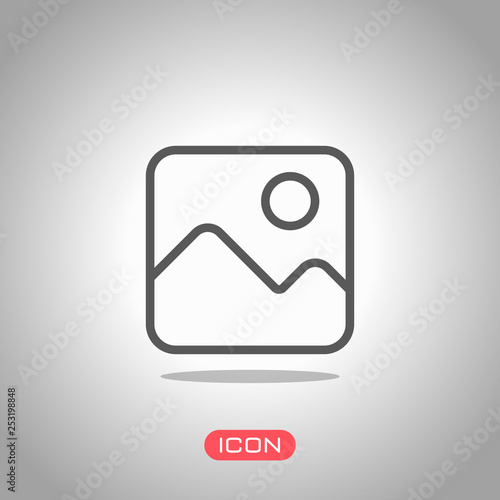 Simple picture icon. Linear symbol, thin outline. Icon under spotlight. Gray background