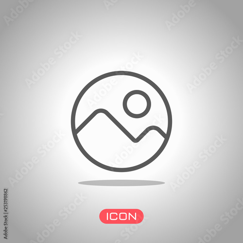 Simple picture icon. Linear symbol, thin outline. Icon under spotlight. Gray background
