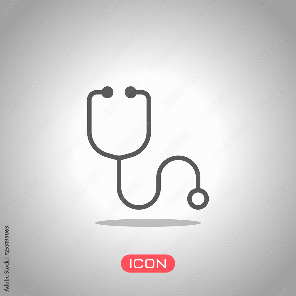 Simple stethoscope icon. Linear, thin outline. Icon under spotlight. Gray background Simple stethoscope icon. Linear, thin outline. Icon under spotlight. Gray background