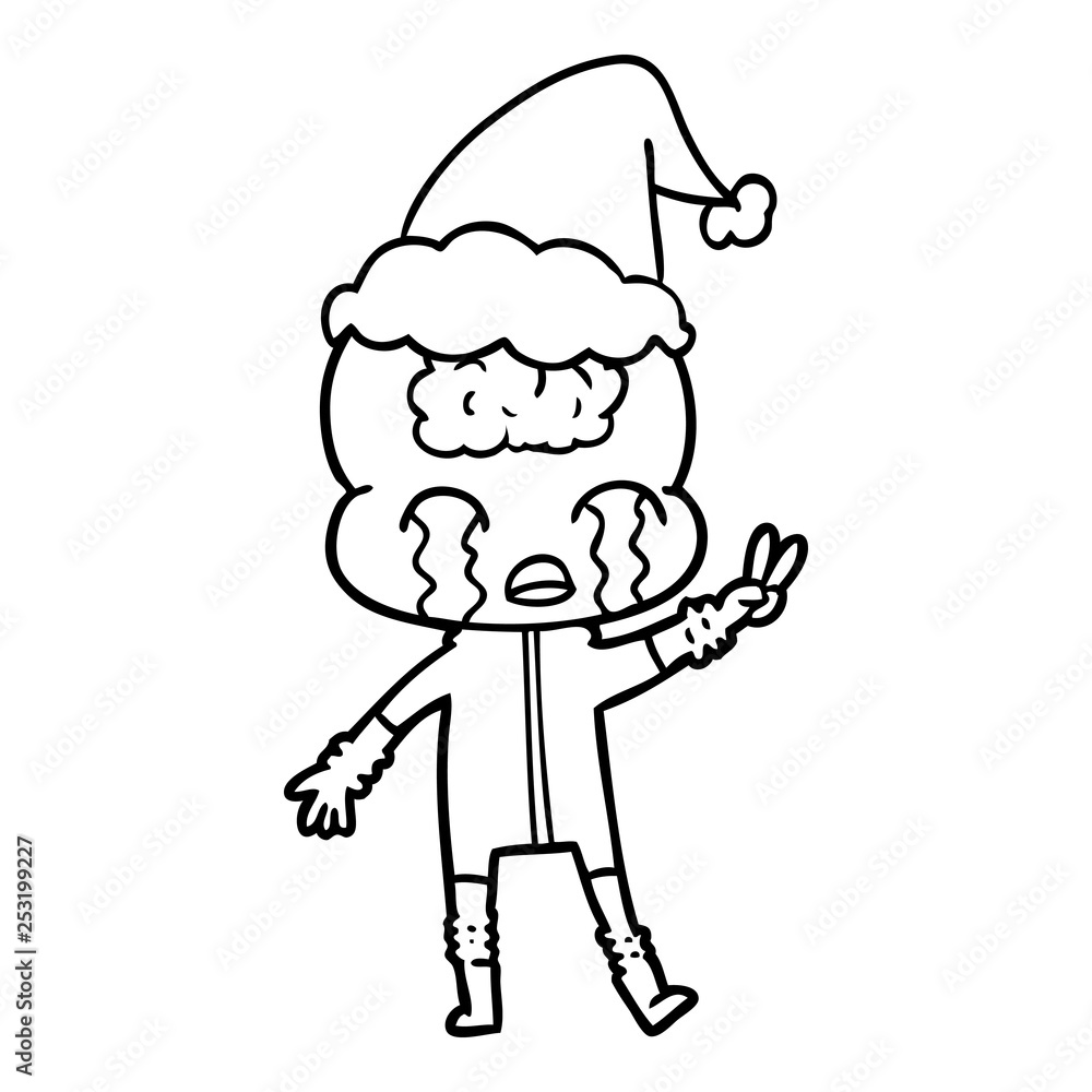 line drawing of a big brain alien crying and giving peace sign wearing santa hat