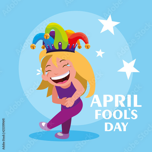 happy girl with joker hat april fools day card
