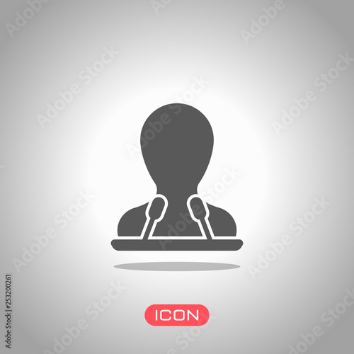 Speaker icon. Person silhouette and microphones on tribune. Icon under spotlight. Gray background