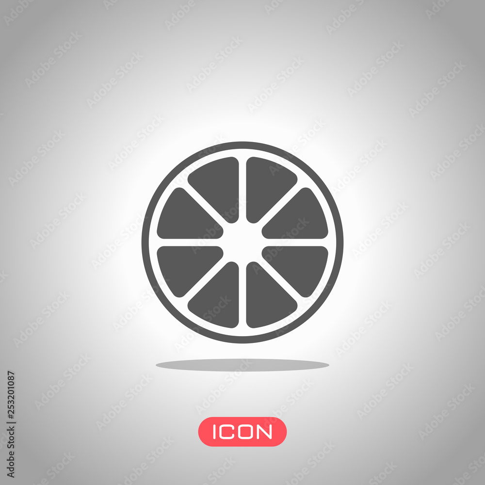 Whole lemon or orange. Simple icon. Icon under spotlight. Gray background