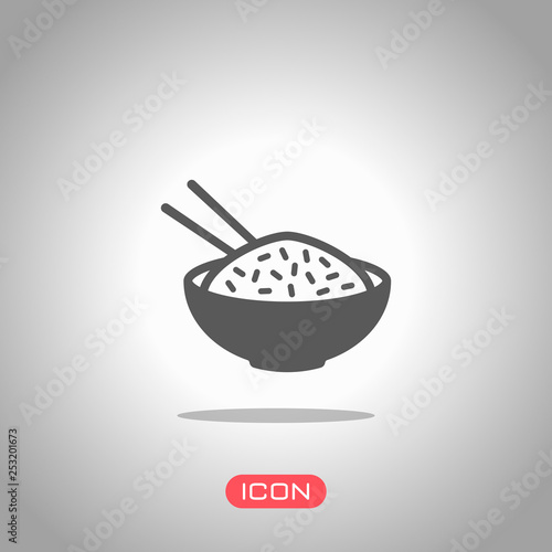 Bowl of rice with chopsticks. Icon of asian food. Icon under spotlight. Gray background