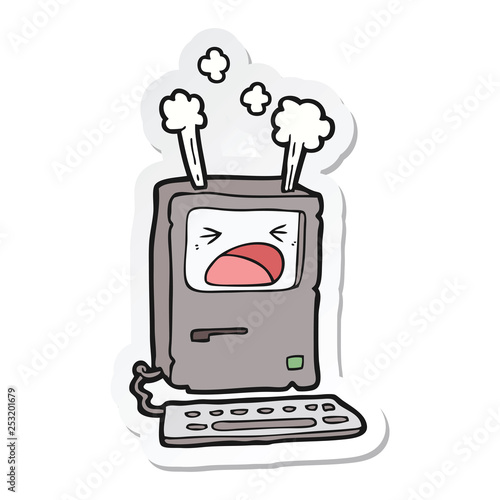 sticker of a cartoon overheating computer