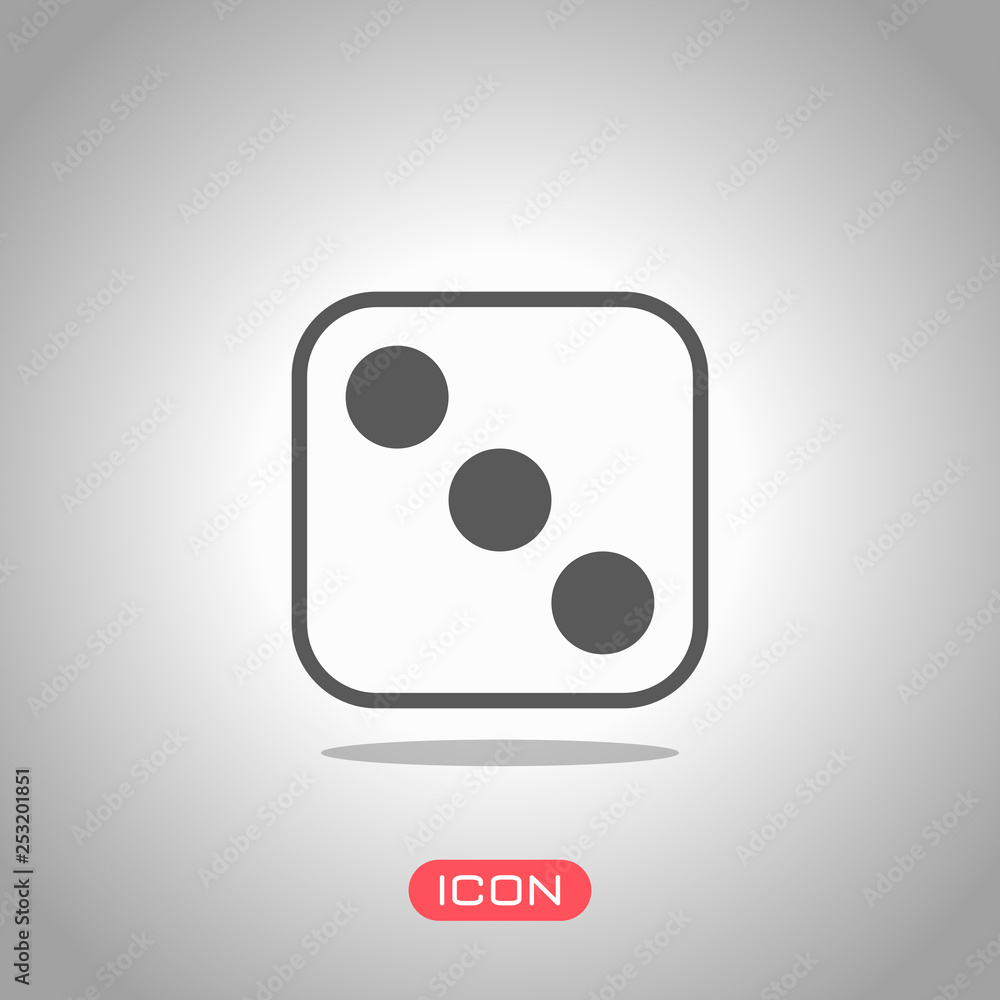 One dice with number three on visible side. Icon of casino games. Icon under spotlight. Gray background