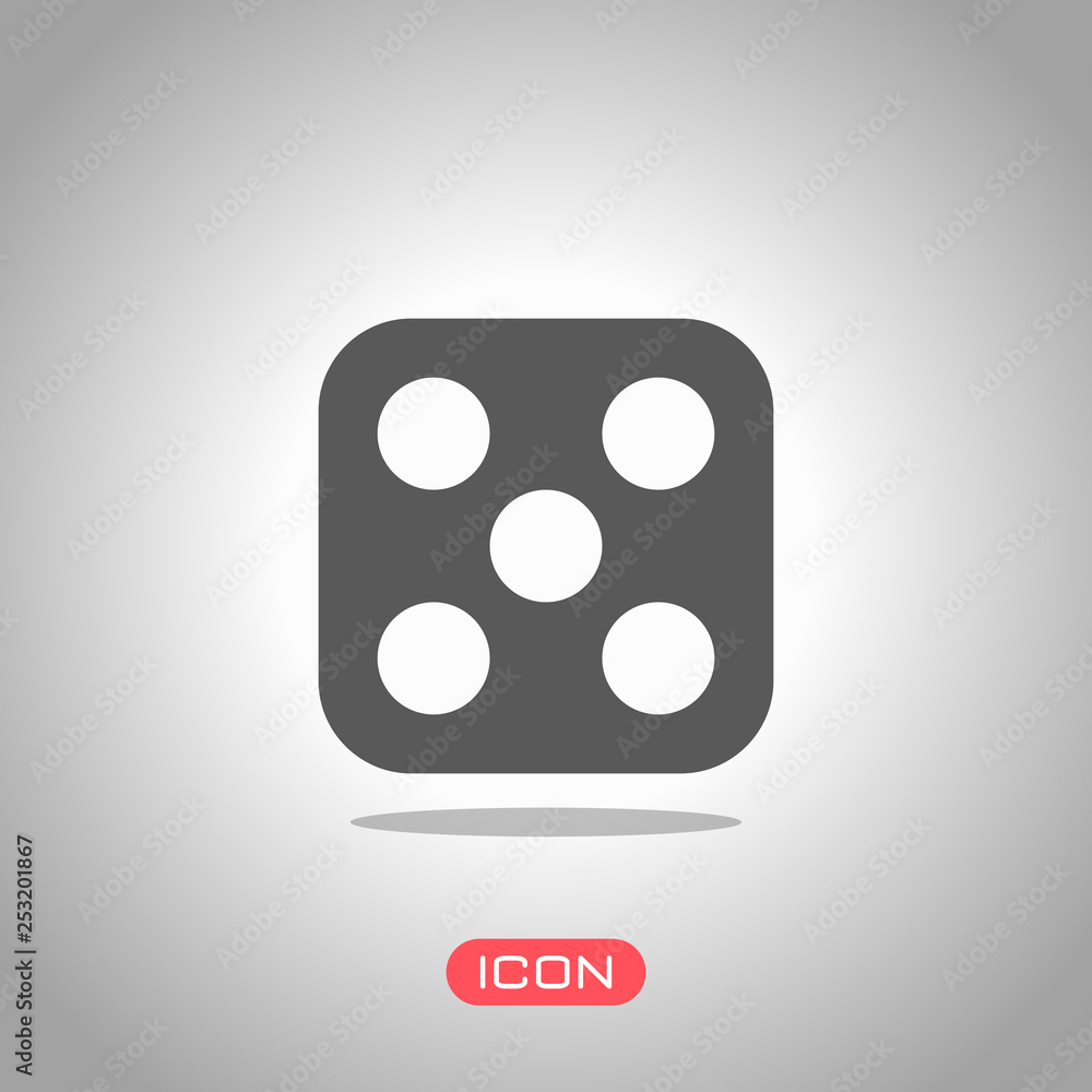 One dice with number five on visible side. Icon of casino games. Icon under spotlight. Gray background