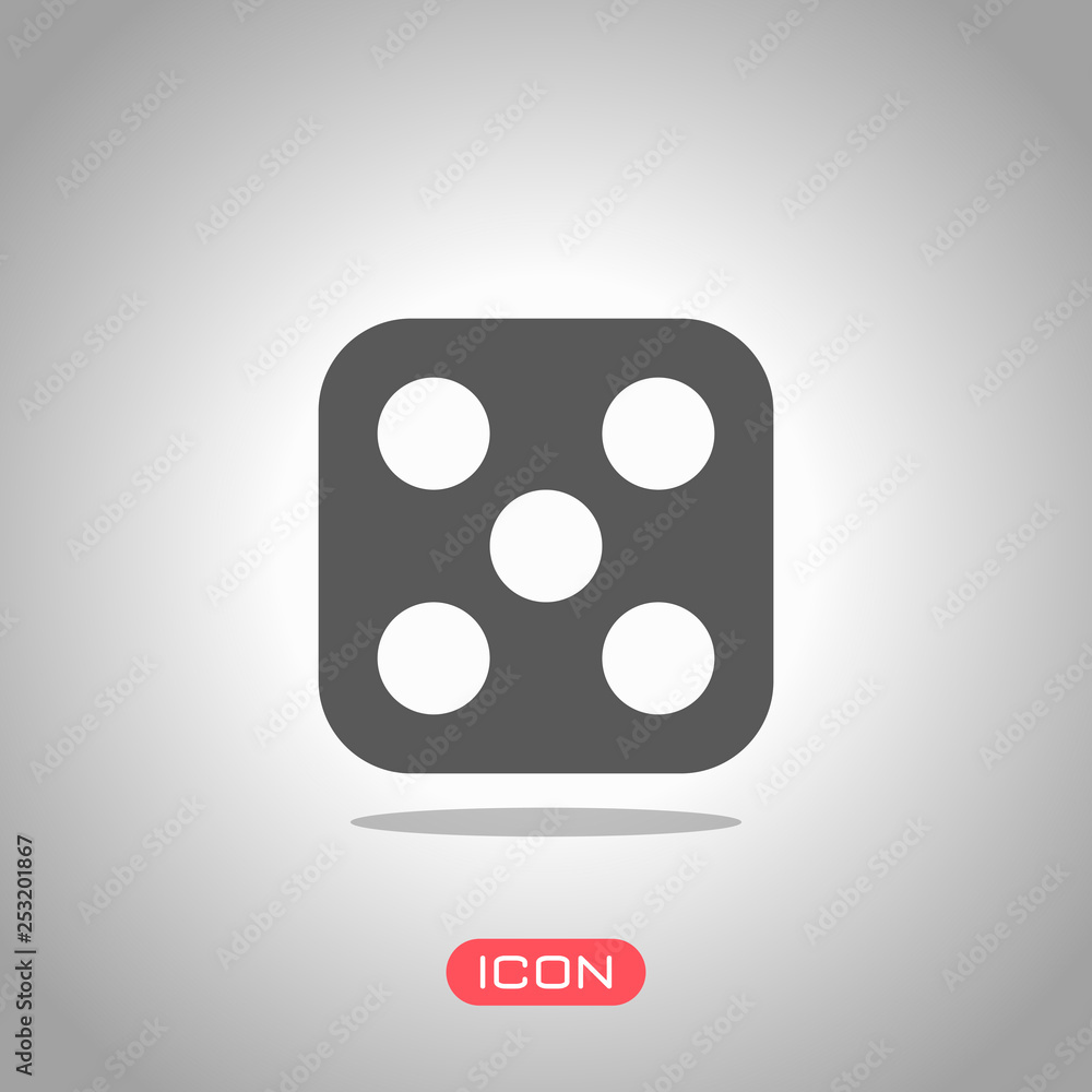 One dice with number five on visible side. Icon of casino games. Icon under spotlight. Gray background One dice with number five on visible side. Icon of casino games. Icon under spotlight. Gray background