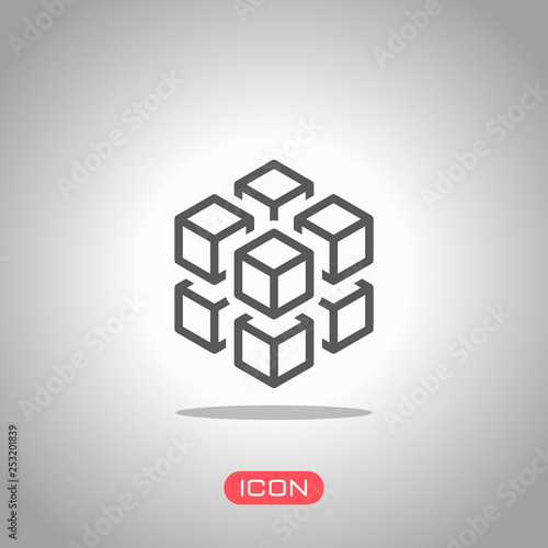 3d cube with eight blocks. Icon of rubik or ice pieces. Icon under spotlight. Gray background