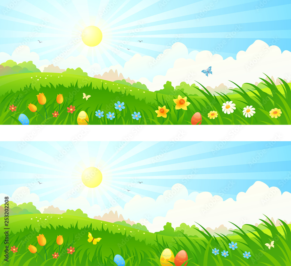 Vector cartoon drawing of a spring sunrise landscape with Easter eggs in  the grass Stock Vector | Adobe Stock