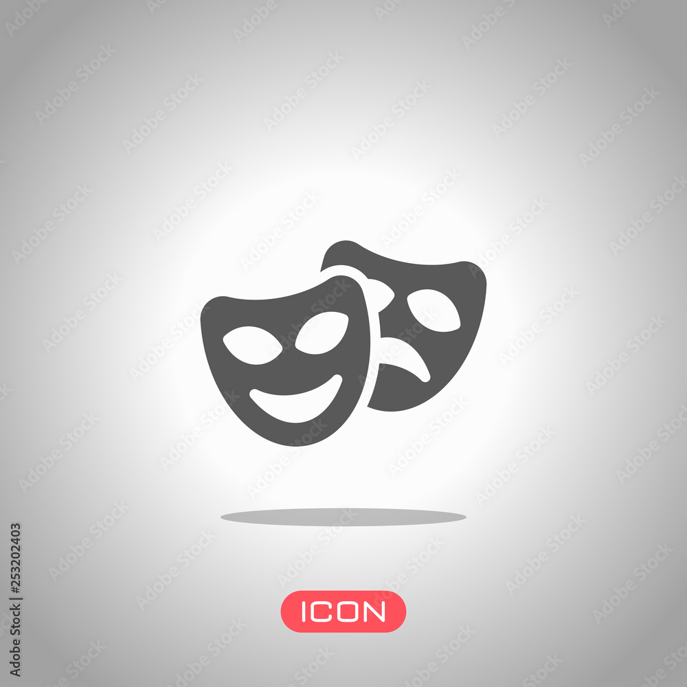 Smile and sad masks, comedy and drama theater, opposite emotions. Icon with happy and depressed faces. Icon under spotlight. Gray background Smile and sad masks, comedy and drama theater, opposite emotions. Icon with happy and depressed faces. Icon under spotlight. Gray background