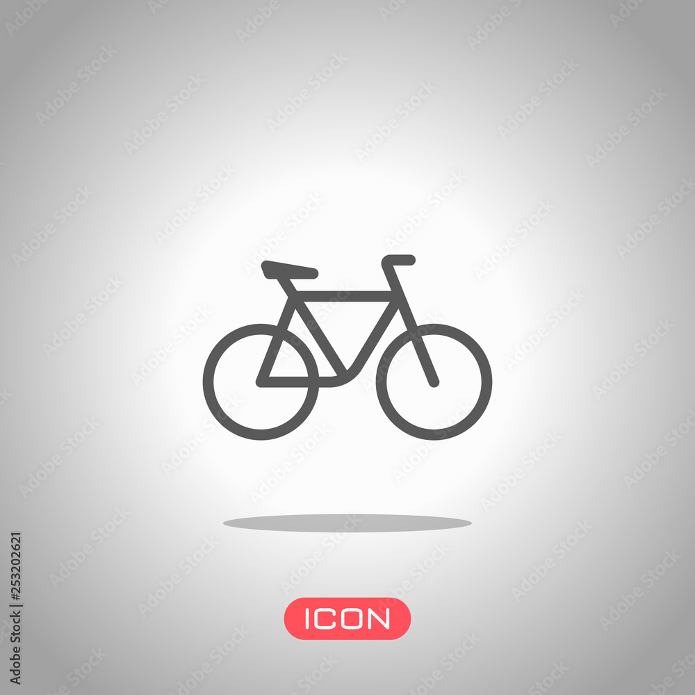 Fototapeta premium Simple bicycle, linear outline icon of bike. Icon under spotlight. Gray background