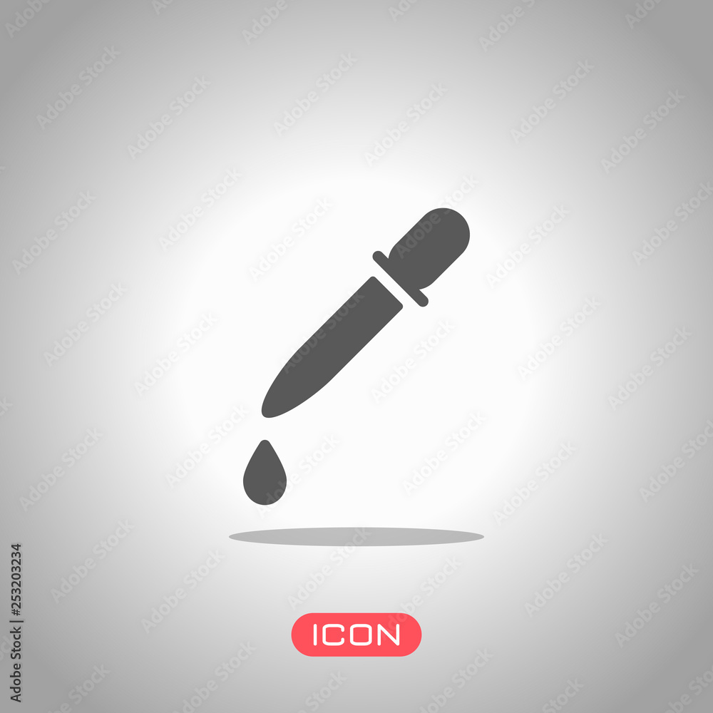 Pipette or dropper and drop, icon of medical instrument. Icon under spotlight. Gray background Pipette or dropper and drop, icon of medical instrument. Icon under spotlight. Gray background