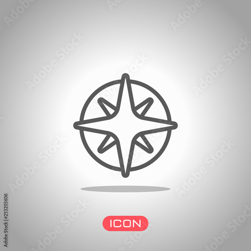 Wind rose, compass with star, outline linear icon. Icon under spotlight. Gray background