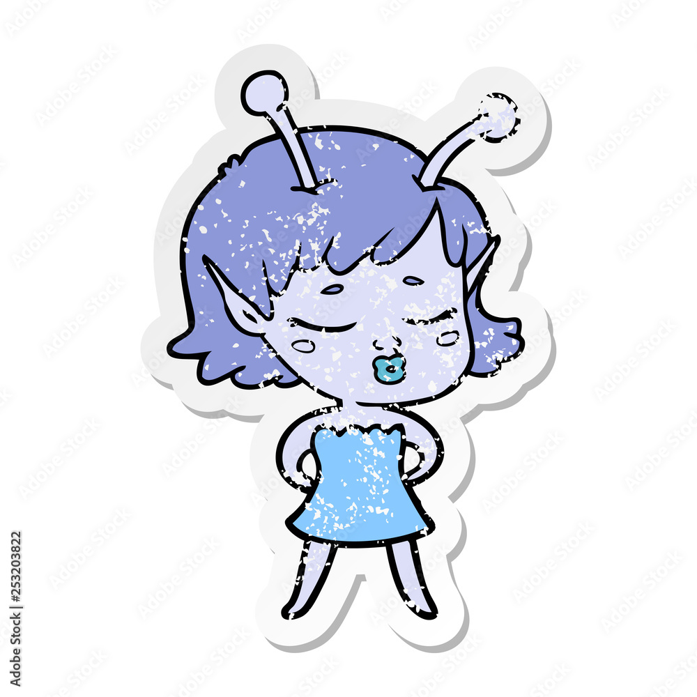 distressed sticker of a cute alien girl cartoon distressed sticker of a cute alien girl cartoon