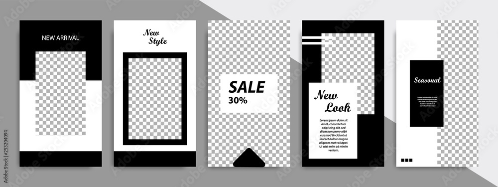Set of minimalist black and white frame, stripe line template background. Suitable for social media post, stories, story, roll banner, expandable banner, flyer, and brochure.