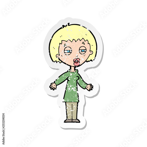 retro distressed sticker of a cartoon tired woman
